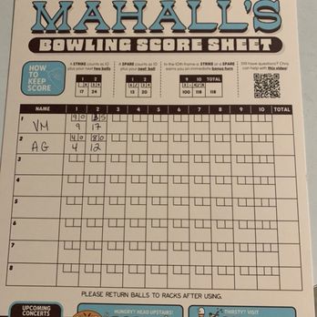 Mahall's - Scoring sheet for bowling alley - Bowling Near Me - Lakewood, Ohio