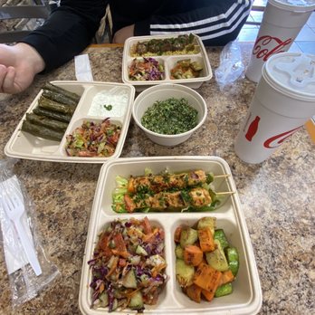 Mr Kabab - Tabouli & Stuffed grape leaves (middle) as appetizers. Main entrees- chicken kabob (closest plate) and lamb and beef kabob (farthest plate) - Middle Eastern Near Me - Asheville, North Carolina