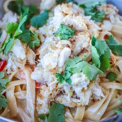 595 Craft and Kitchen - Tom Kha Fettucine with Sauteed Lemongrass Ginger Blue Crab. One-of-a-kind bite!