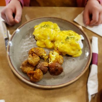 The Chalkboard Kitchen - Eggs Benedict and potatoes. Amber's favorite. - Breakfast & Brunch Near Me - South Haven, Michigan