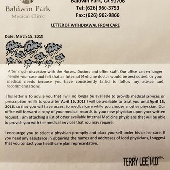 Terry Lee, MD - I received this letter due to my review I posted about Dr.Lee and his staff.  My review is under, Manny P.   Extreamly unprofessional! - Family Practice Near Me - Baldwin Park, California