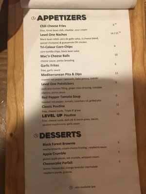 Menu photo 4 Level One Game Pub Ottawa, ON
