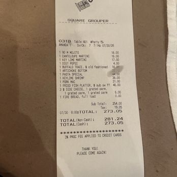 Square Grouper Bar & Grill - Receipt- note $44 for pasta - Seafood Near Me - Cudjoe Key, Florida