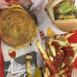 Cheeseburger animal style. Flying Dutchman whole grilled onion wrapped. Fries. Cheeseburger animal style. Flying Dutchman whole grilled onion wrapped. Fries.
