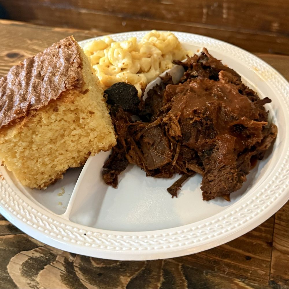 Willards Real Pit BBQ - Burnt ends with corn bread and Mac and cheese. - Barbeque Near Me - Reston, Virginia Willards Real Pit BBQ - Burnt ends with corn bread and Mac and cheese. - Barbeque Near Me - Reston, Virginia