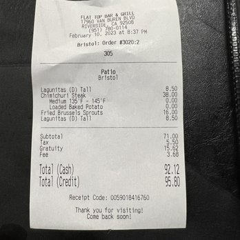 Flat Top Bar and Grill - Receipt - Pubs Near Me - Riverside, California