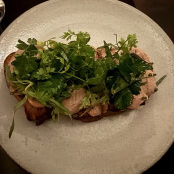 Stokes Adobe - Duck mousse on bread slice which wasn't toasted - New American Near Me - Monterey, California