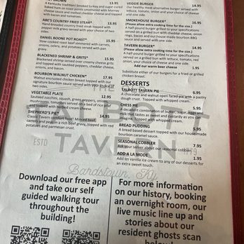 The Old Talbott Tavern - Entree and Burger Menu - Bars Near Me - Bardstown, Kentucky