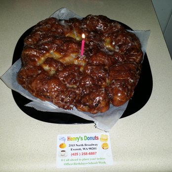 Henry's Donuts - Custom Giant Birthday Fritter With Candle!! - Coffee & Tea Near Me - Everett, Washington Henry's Donuts - Custom Giant Birthday Fritter With Candle!! - Coffee & Tea Near Me - Everett, Washington