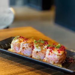 Mizuki Sushi - Dallas Special: huge balls of crab meat, wrapped in salmon and topped with scallop and sauce. all torched to perfection. Super delicious!