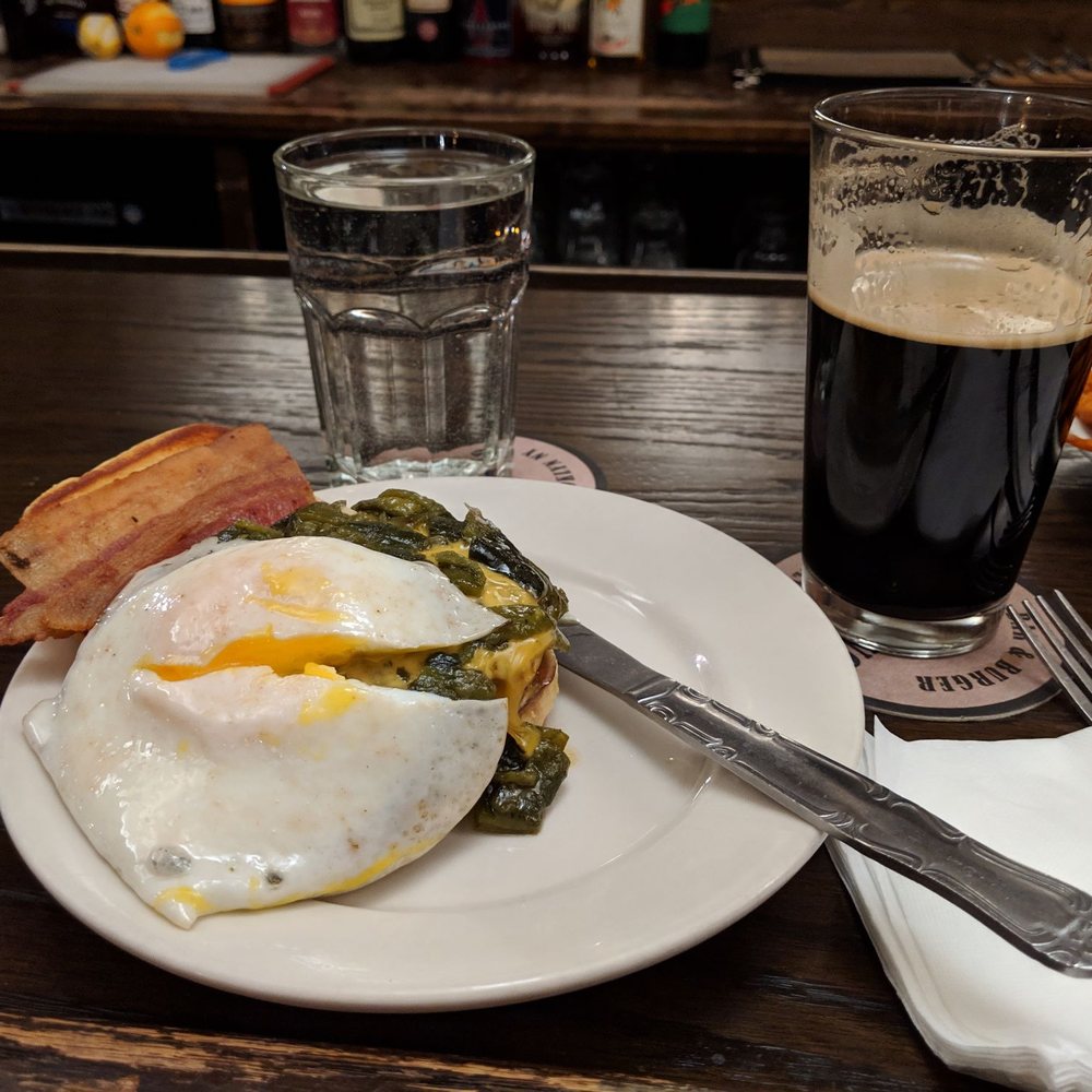 Two 8 Two Bar & Burger - Breakfast Burger w/ Two8Two Peppers and a Stout to wash it down. - Burgers Near Me - Brooklyn, New York