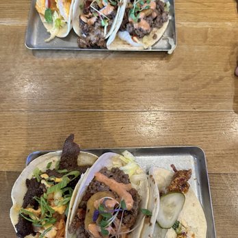 Shaker & Peel - 3 burger tacos, 1 volcano shrimp taco, 1 hot chicken taco, 1 Korean beef taco - Tacos Near Me - Oldsmar, Florida Shaker & Peel - 3 burger tacos, 1 volcano shrimp taco, 1 hot chicken taco, 1 Korean beef taco - Tacos Near Me - Oldsmar, Florida