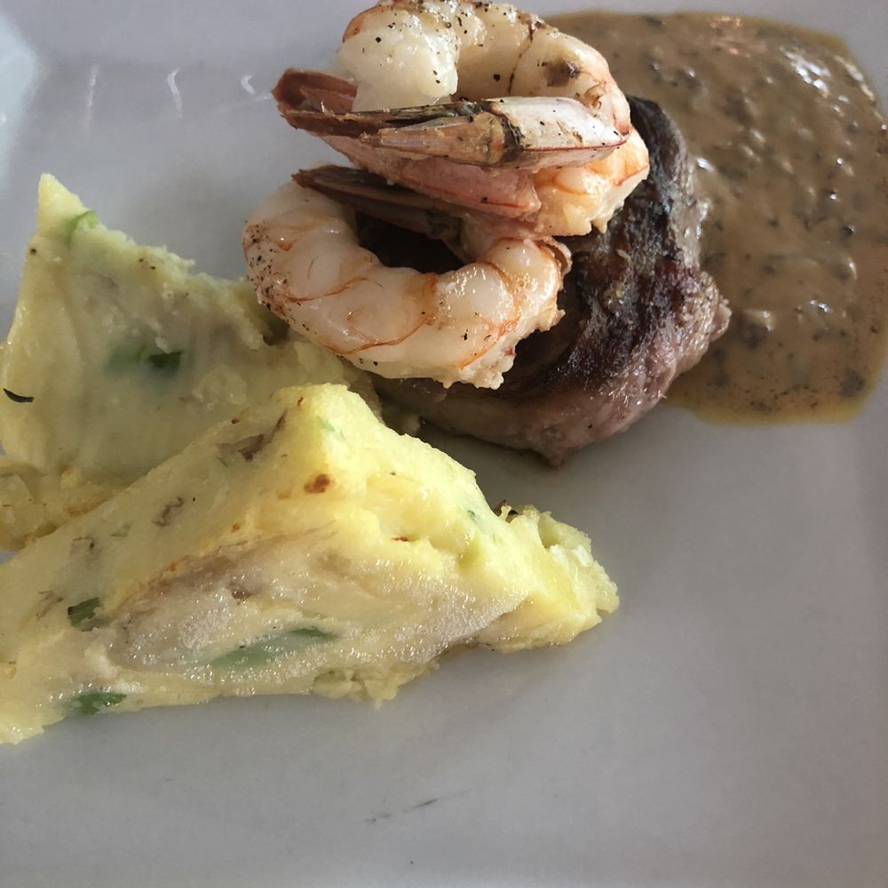 LB's Place - a plate of food with shrimp, steak, and mashed potatoes - Burgers Near Me - Flintstone, Maryland