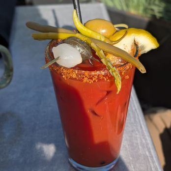 Riverside - Fully loaded bloody mary- I was told this is more of a rich and savory version vs bold and spicy. - New American Near Me - Hood River, Oregon Riverside - Fully loaded bloody mary- I was told this is more of a rich and savory version vs bold and spicy. - New American Near Me - Hood River, Oregon