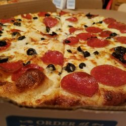 Domino's - Large pepperoni and black olive pizza with parmesan garlic sauce (Brooklyn style crust)