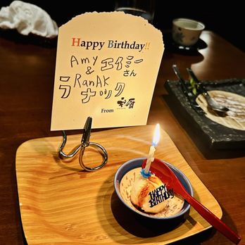 Wakuriya - Yuzu ice cream bday dessert with our names written in Katakana - Japanese Near Me - San Mateo, California