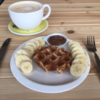 Cafe 106 - Nuttela waffle with bananas and a chai latte.  Yumm. - Coffee & Tea Near Me - Burnaby, British Columbia