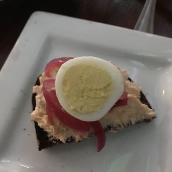 Devil's Acre Tavern - Cheese spread on grilled rye, pickled onions, hard boiled egg - German Near Me - Plumsteadville, Pennsylvania