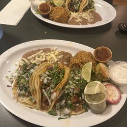 Pepe's Tacos - Al pastor tacos, rice and beans, salsas, sides