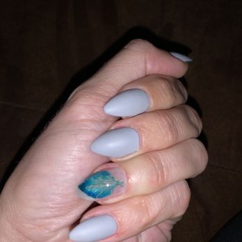 Bar Nails - Matte grey with a leaf on my ring finger by Bella. Perfect for fall or any season honestly. - Nail Salons Near Me - Hatboro, Pennsylvania