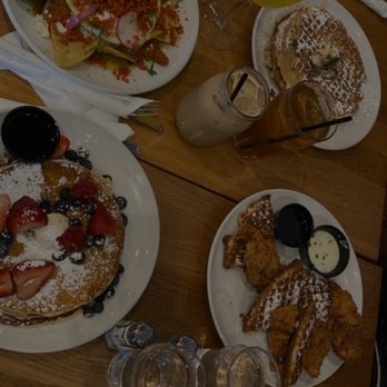 Poached Kitchen - Churro waffle, chicken and waffles, berries pancake stack, and Chilaquiles verde! - Breakfast & Brunch Near Me - Irvine, California