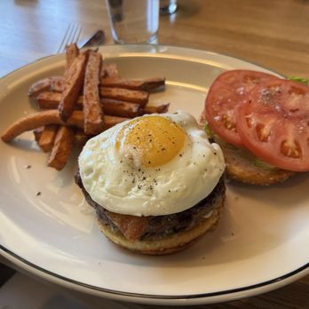 Doc B's Restaurant - Wedge salad burger with candy bacon and egg. Sweet potato fries on the side. - American Near Me - Cary, North Carolina