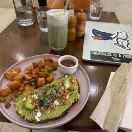 Avocado Toast, home fries and Earl Grey Matcha with oatmilk. Avocado Toast, home fries and Earl Grey Matcha with oatmilk.