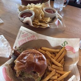 Special hamburger, drink, fries and chips Special hamburger, drink, fries and chips