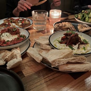 Jane Doe - Apps ... and pita!!!  Steak Tartare, salad, ricotta, chickpea bread, and chkn skins!!! DELICIOUS!!!! - Cocktail Bars Near Me - Jersey City, New Jersey