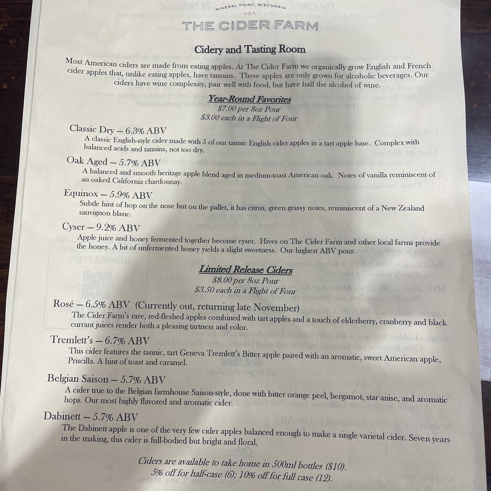 The Cider Farm - Drink menu front 10/2022 - Cideries Near Me - Madison, Wisconsin The Cider Farm - Drink menu front 10/2022 - Cideries Near Me - Madison, Wisconsin