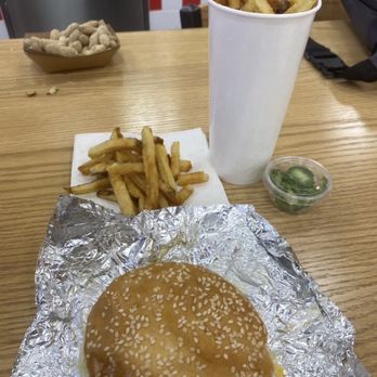 Five Guys - Double cheeseburger, large fries and peanuts - Hot Dogs Near Me - Des Plaines, Illinois
