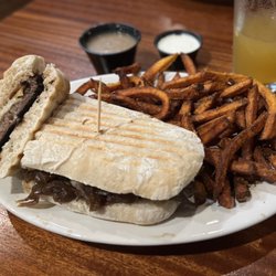 Stones Pub and Eatery - Meatloaf sandwich. Sweet Potato fries. Horseradish dip and brown gravy.