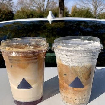 Cafe Blue - Left: Lavendar latte Right: Black sesame latte - Cafes Near Me - Buford, Georgia