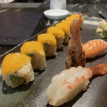 Nobu - Spicy scallop with tobiko on top, sweet shrimp nigiri served with crispy fried shrimp head, salmon nigiri - Japanese Near Me - Las Vegas, Nevada Nobu - Spicy scallop with tobiko on top, sweet shrimp nigiri served with crispy fried shrimp head, salmon nigiri - Japanese Near Me - Las Vegas, Nevada