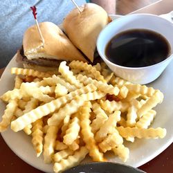 Ma's Place Restaurant - French dip, just deli roast beef, OK. Plenty of crispy fries, good tarter. $12