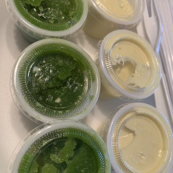 El Pollo Rico - Sauces. 6 free with a Whole Chicken. Green (HOT). Yellow (mayo based; not hot; lol) - Latin American Near Me - Arlington, Virginia