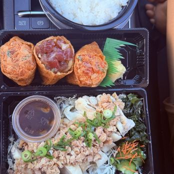 Kitchen Umeko - Mixed inari - shoyu and spicy above  Garlic chicken below - Sushi Bars Near Me - Hilo, Hawaii