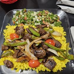 Goodies Mediterranean - Beef Kebab over rice with Veggies and tabouleh