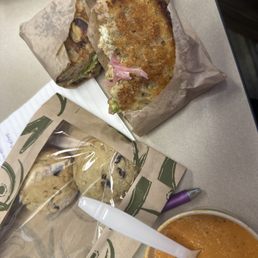 AVO sandwich, tomato basil soup, and cookies