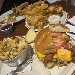 Brasky's Bar & Grill - Brasky burger, onion rings, Mac & Cheese and chicken tenders.