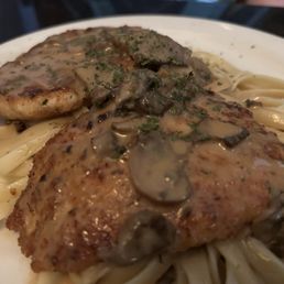 Chicken cutlets Marsala over fettuccine