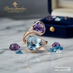 Blust's Jewelers - Amethyst, blue topaz and diamond rose gold bypass ring