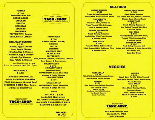 Menu photo 2 West Coast Taco Shop Clarksville, TN Menu photo 2 West Coast Taco Shop Clarksville, TN