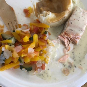 IKEA Bistro/Exit Cafe - Tiny $10 salmon drowned in sauce with over cooked veggies, noticeable missing the vegetable medallion - Hot Dogs Near Me - Costa Mesa, California