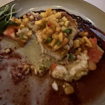 Bistro Le Roux - Peach pork chop (oops ate half before I remembered to take a photo) - New American Near Me - Lake George, New York