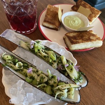 Vin Mon Lapin - Mon Lapin - razor clams with celery & scallop croque sandwiches with a delectable green aioli sauce - Wine Bars Near Me - Montreal, Quebec