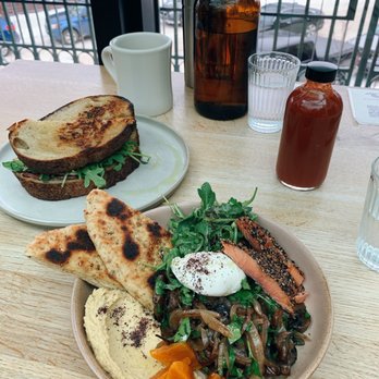 Sunhouse Cafe - Breakfast sandwich, roast mushroom mezz plate - Cafes Near Me - Jasper, Alberta