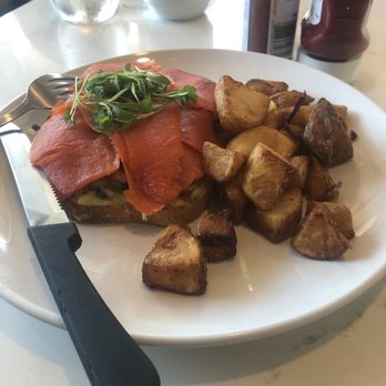 Toast on First - Smoked Salmon Cucumber on sourdough toast with house potatoes - Coffee & Tea Near Me - Whittier, California