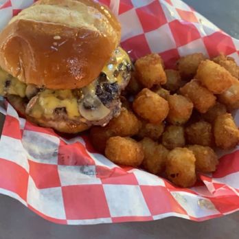Mascots - Mushroom and Swiss Burger but instead of Swiss American - Sports Bars Near Me - Saint Peters, Missouri Mascots - Mushroom and Swiss Burger but instead of Swiss American - Sports Bars Near Me - Saint Peters, Missouri