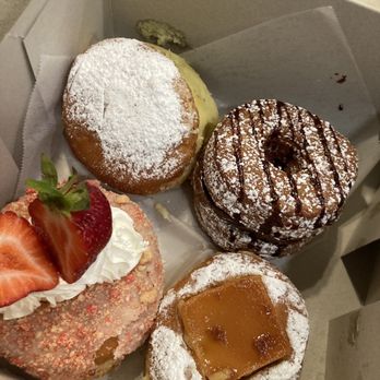 Friendly Donuts - Strawberry + flan + Chocolate + Blueberry Matcha Donut (top left) - Donuts Near Me - Orange, California Friendly Donuts - Strawberry + flan + Chocolate + Blueberry Matcha Donut (top left) - Donuts Near Me - Orange, California